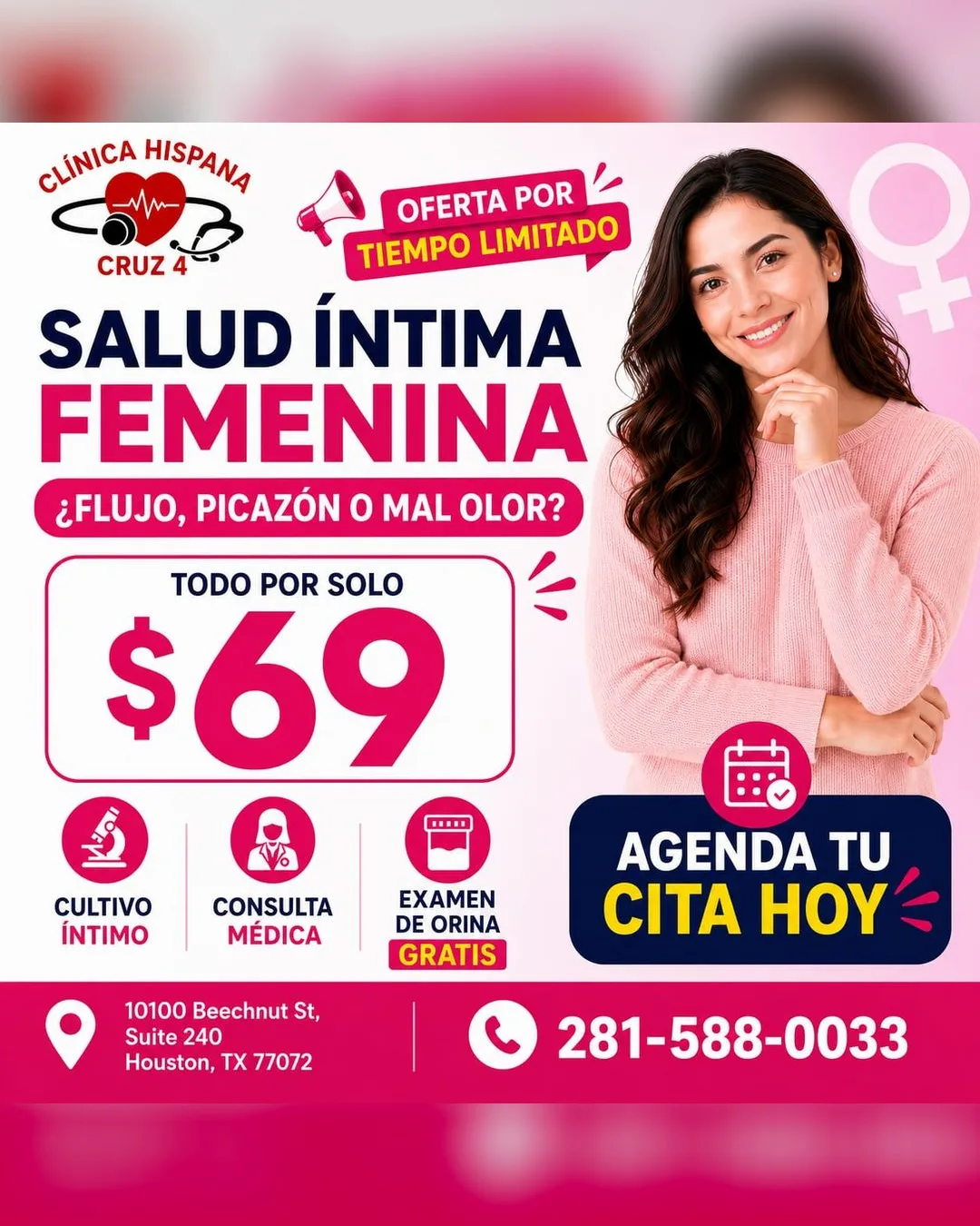 Promoción de salud íntima femenina por $69 en Clínica Hispana Cruz 4, Houston TX