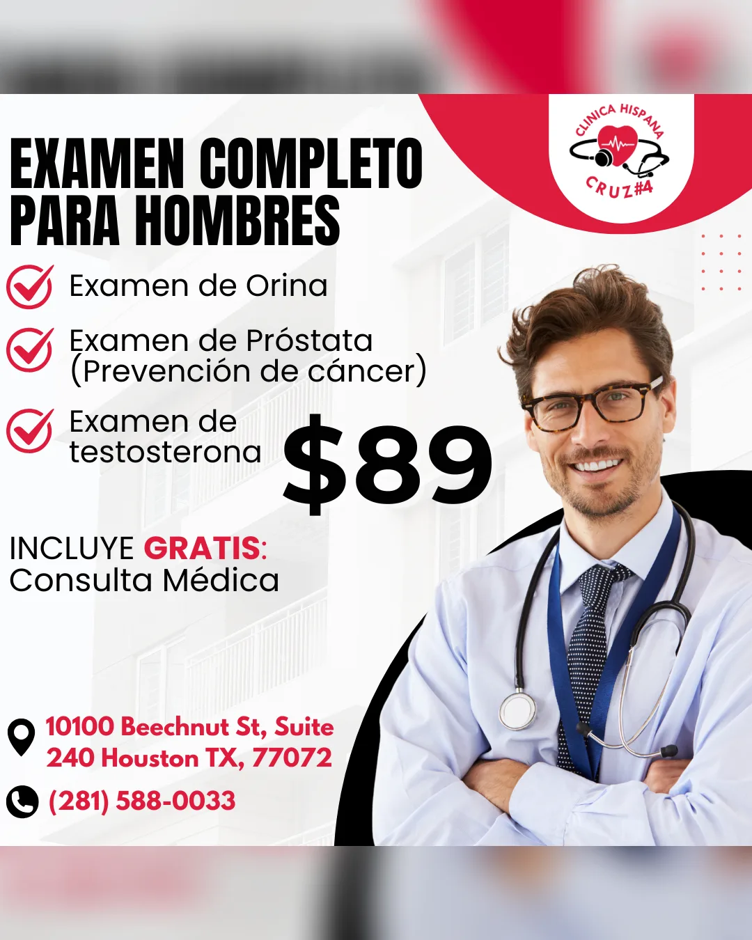Promoción de examen completo para hombres por $89 en Clínica Hispana Cruz 4, Houston TX