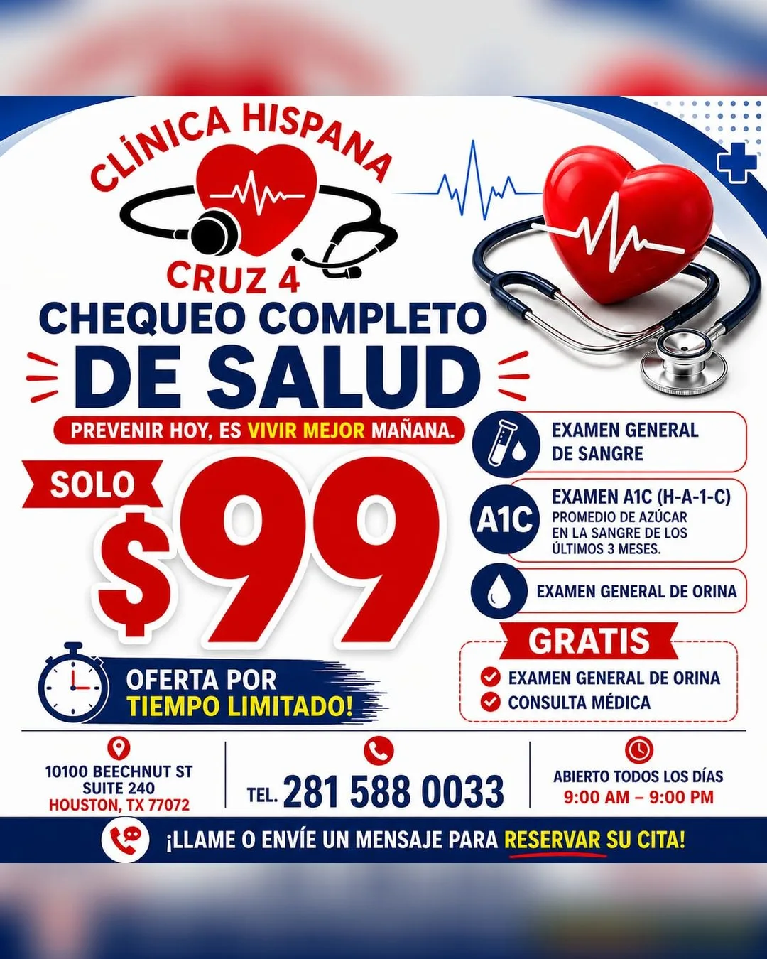 Promoción de chequeo completo de salud por $99 en Clínica Hispana Cruz 4, Houston TX