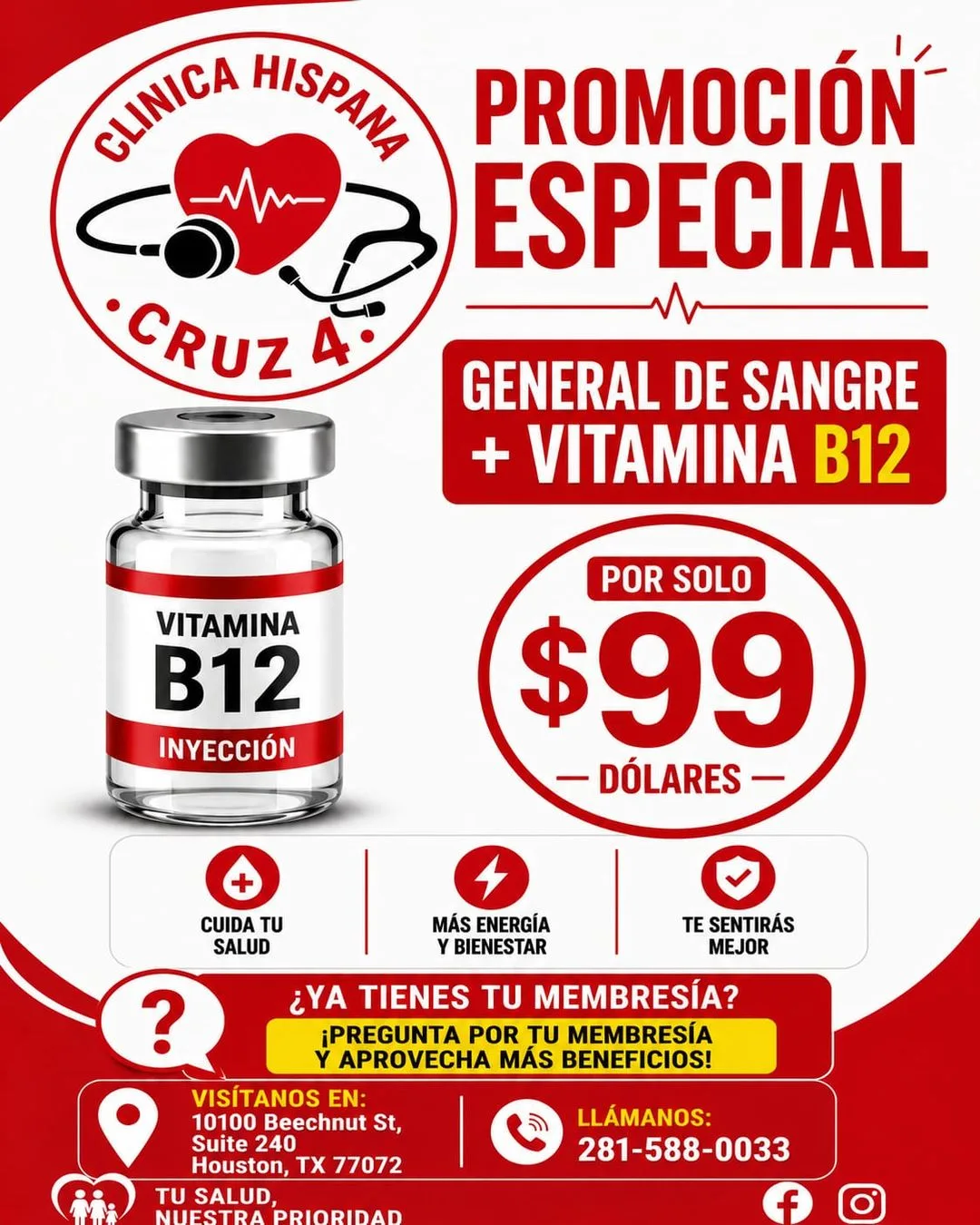 Promoción de examen general de sangre más Vitamina B12 por $99 en Clínica Hispana Cruz 4, Houston TX