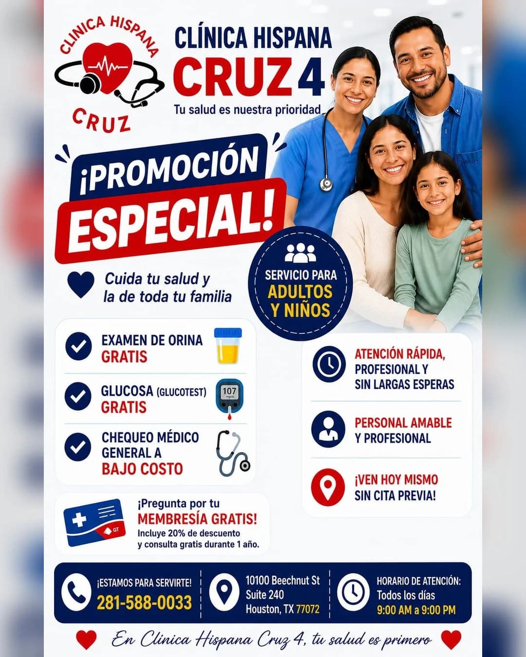 Promoción de chequeo médico para adultos y niños en Clínica Hispana Cruz 4, Houston TX
