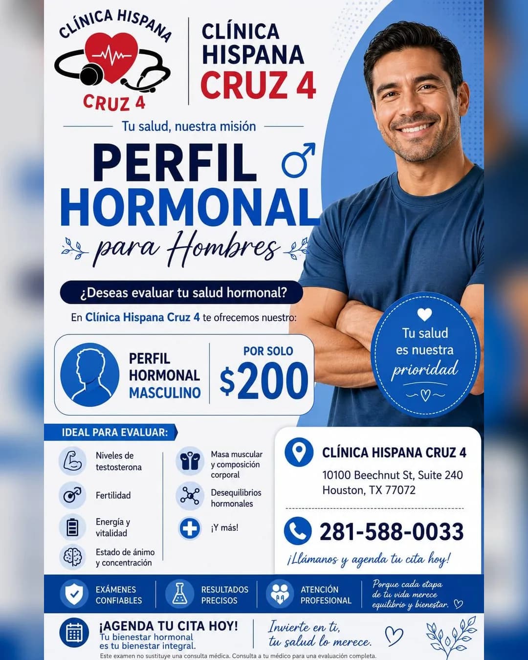 Promoción de perfil hormonal masculino por $200 en Clínica Hispana Cruz 4, Houston TX