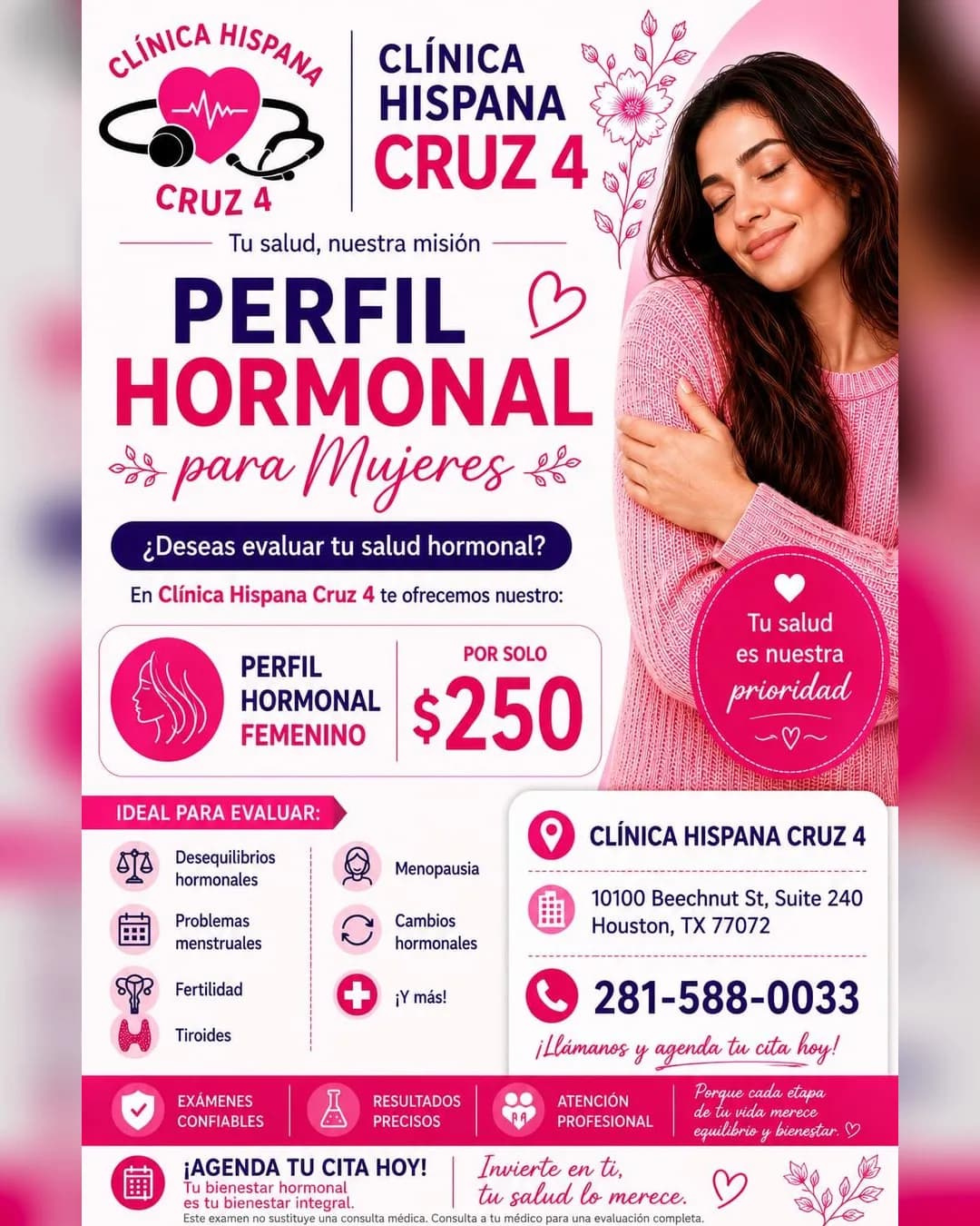 Promoción de perfil hormonal femenino por $250 en Clínica Hispana Cruz 4, Houston TX