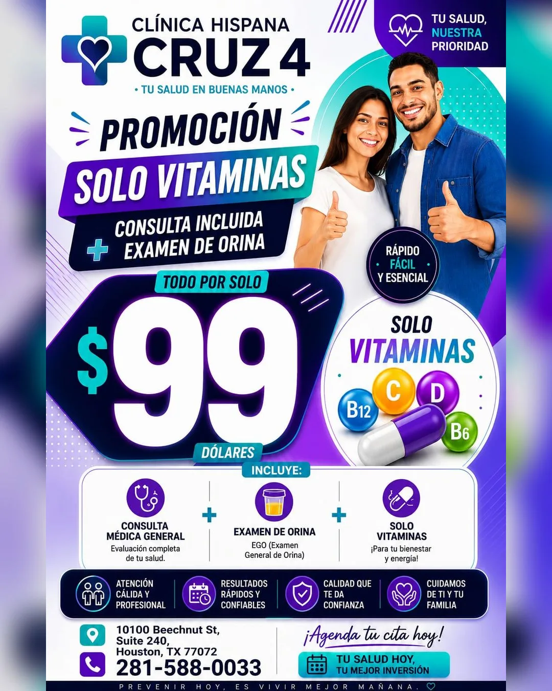 Promoción solo vitaminas con consulta y examen de orina por $99 en Clínica Hispana Cruz 4, Houston TX