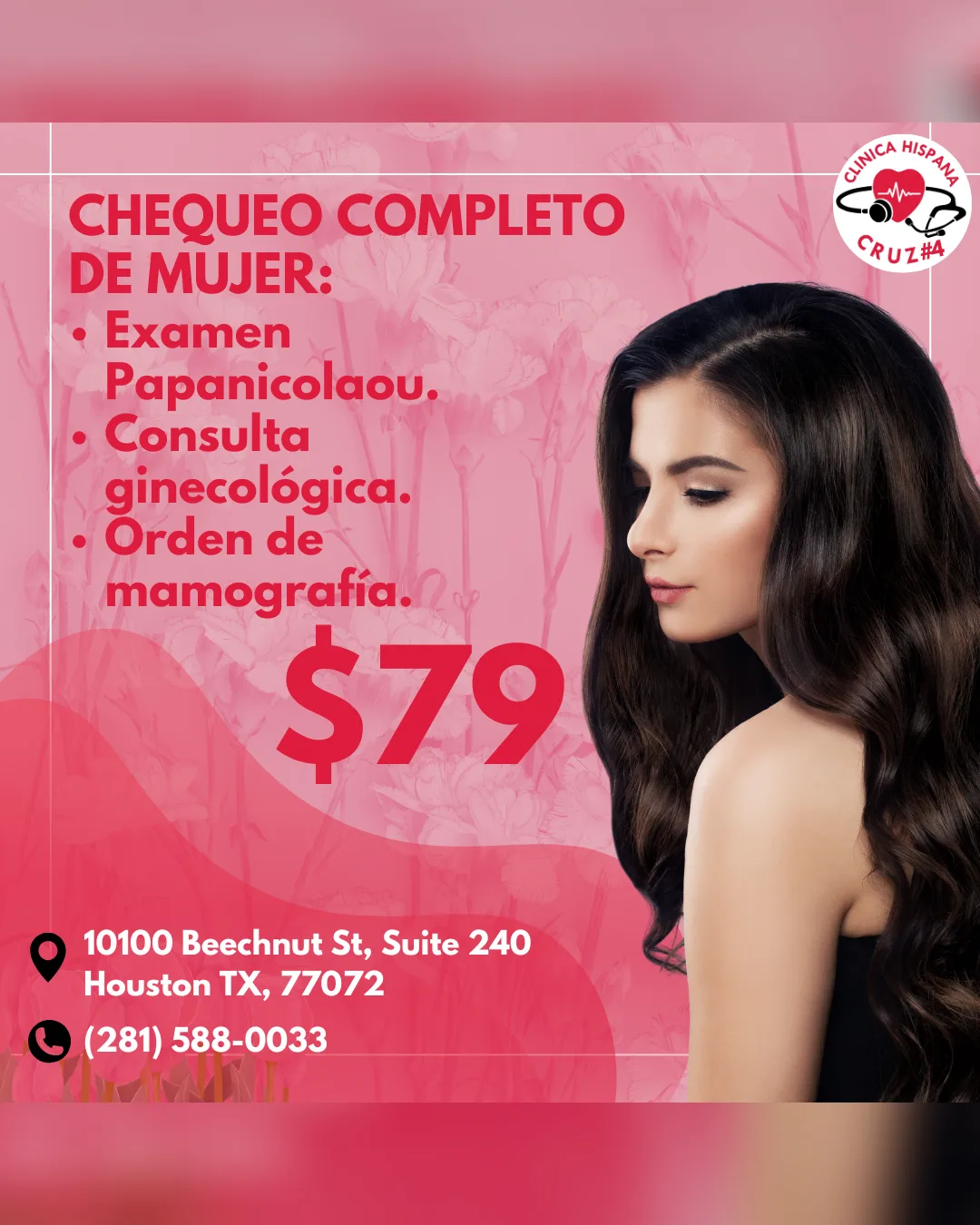 Promoción de chequeo completo de la mujer con Papanicolaou por $79 en Clínica Hispana Cruz 4, Houston TX